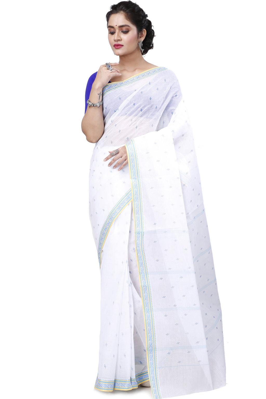 White Blue Pure Cotton Regina Tant Saree (987)